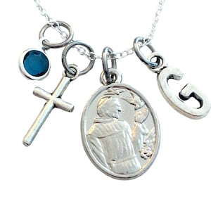 St. Francis Necklace, Patron Saint of Animals Jewelry Gift,  Cross Pendant, Religious Present, Birthstone Initial letter, silver Medallion