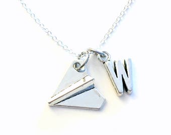 Monogram Paper Airplane Necklace, Silver Air Plane Jewelry, Origami Geometric BFF Gift for Secret Sisters initial Pinterest Charm teen boy