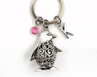 Penguin KeyChain / Penguin Keyring / Animal Key chain /  Initial Birthstone / birthday present / Christmas Gift for Daughter, Filigree Charm