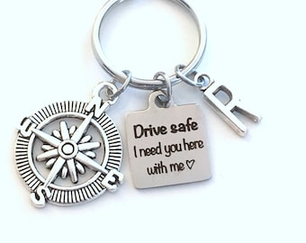 Drive safe I need you here with me Keychain, Birthday Gift for Boyfriend Key Chain, Teenage Boy Girl, Men Keyring, Compass Him Son Present