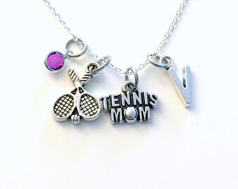 Tennis Mom Necklace, Tennis Player's Mom Gift Jewelry Tennis Mother Charm Personalized Initial Birthstone birthday present Christmas Gift