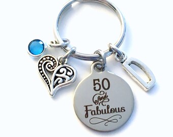 50th birthday gifts for women Keychain, Fifty Key Chain, 50 and Fabulous her Birthstone Initial Present Jewelry Mother Age Mom Best Friend