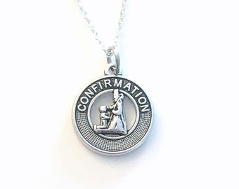 Confirmation Medallion Necklace, Religious Jewelry, Silver Charm, Personalized Gift for Teenager Girl Teenage Daughter Niece son Nephew Boy
