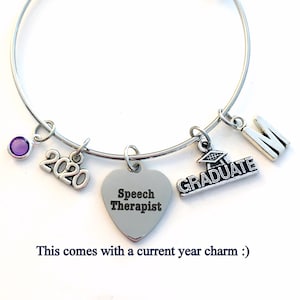 Speech Therapist Graduation Gift, 2024 Language Pathologist Therapy Grad Charm Bracelet Silver Bangle, ST Jewelry letter birthstone SLP