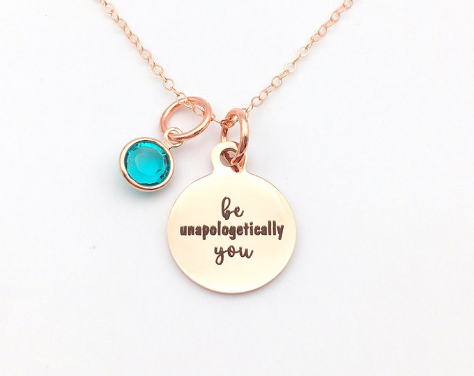 Featured listing image: Teenage Girl Gift, Be Unapologetically You Necklace, 14K Rose Gold Jewelry, Self Love Quote Charm, Present for Teen Daughter, Teenager Girl