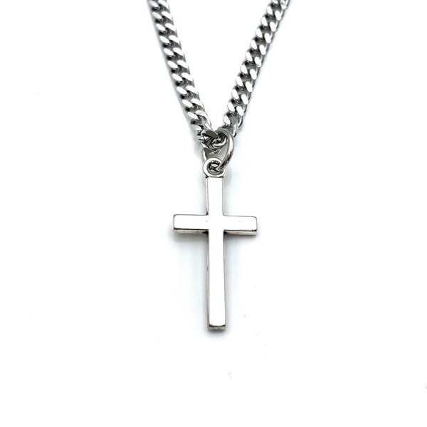 Cross Necklace for Man, 3mm Stainless Steel Curb Chain won't tarnish, Men Christian Jewelry, Religious Gift for Men confirmation Father Day