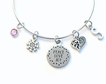 Peace Love Joy Bracelet, Snowflake Jewelry Heart Gift for Mother Present Christmas Charm Bangle Silver initial Birthstone Present letter