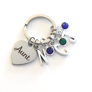 Gift for Aunt KeyChain, Aunt Key Chain,  Multiple initial and birthstone 1 2 3 4 5 6 7 Kids Children, From Niece or Nephews Keyring,