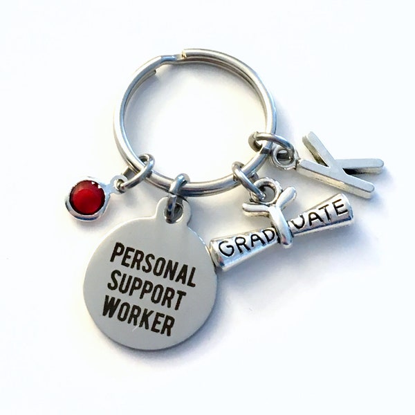 Graduation Gift for Personal Support Worker KeyChain, PSW Key Chain, PSW Keyring, Scroll Initial Birthstone present women men him her