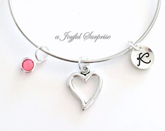 Heart Bracelet, Gift for Girlfriend Jewelry, Silver Charm Sister Open Heart Charm Bangle, Pendant initial birthstone teen daughter sweet 16