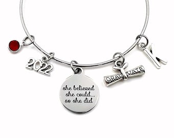 Graduation Gift for Her, Grad Charm Bracelet, Class of 2022, High School Graduate Jewelry, She believed she could so she did College