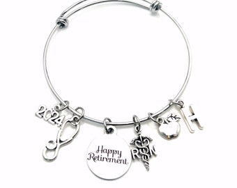 School Nurse Retirement Gift  / 2024 RN Charm Bracelet / Apple Jewelry / Silver Bangle / Coworker Present / Other years available 2025 2025