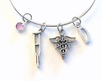Physical Therapist Bracelet, PT Jewelry, Therapy PTA Charm Bangle, Silver Medical Caduceus tooth, Gift for women birthstone her letter