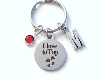 I Love to Tap Keychain, Gift for Tap Dancer Teacher Key Chain Dance Coach Keyring Performer Instructor Initial Birthstone birthday present