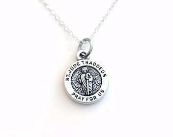 St. Jude Medallion Necklace, Saint Judas Thaddeus Jewelry, Get Well Gift for illness charm Pendant Religious symbol Relic Catholic Silver