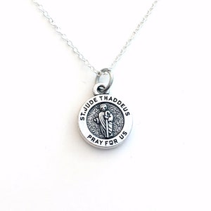 St. Jude Medallion Necklace, Saint Judas Thaddeus Jewelry, Get Well Gift for illness charm Pendant Religious symbol Relic Catholic Silver
