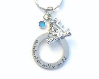 Graduation Gift for her Key Chain, She believed she could so she did Keychain, Affirmation Circle Key Chain, Letter initial keyring girl her