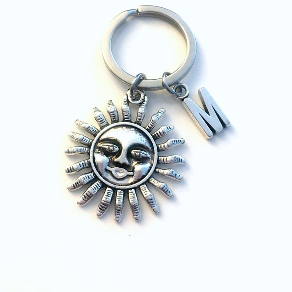 Sun Keychain, Sunshine Key chain, Solarium Keyring, Smiling Sun Gifts, Accessories, Happy Symbol with Initial monogram birthday solar fun