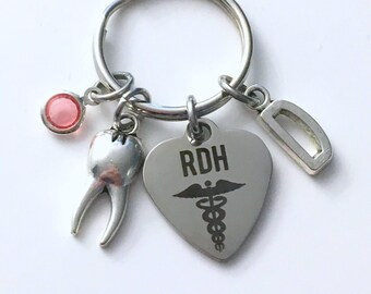RDH Keychain, Registered Dental Hygienist Key chain Gift for Dentist Assistant Grad Graduation Keyring Tooth charm initial letter silver her