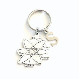 May include: Silver keyring with a charm depicting an atom with the labels 'Electron', 'Proton', 'Neutron', and 'Nucleus'. The keyring also has a charm with the letter 'S'.