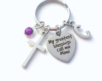 My greatest blessings call me Mimi KeyChain, Gift for Grandmother Key Chain, Family Cross Keyring Jewelry Initial Birthstone present women