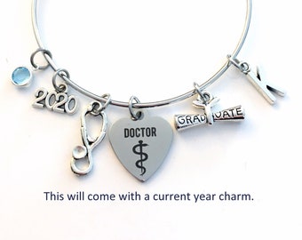 2024 Doctor Graduation Bracelet / Medical Student Present / Gift for Resident Grad / Silver Bangle PH. D Jewelry / Dr initial birthstone her