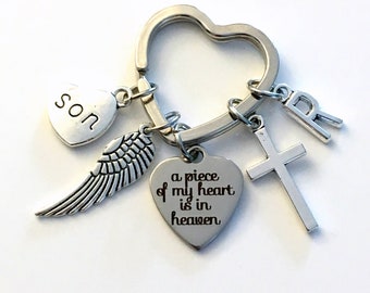 Loss of Son Keychain, Memorial Key Chain with Wing Cross, A piece of my heart is in Heaven Sympathy Gift, Mom Dad Son Daughter Husband Wife