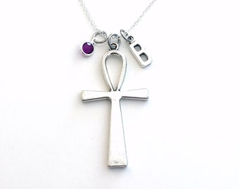 Ankh Necklace, Silver Ankh Jewelry, Ancient Egyptian Gifts, Pewter Ankh Charm, Large Cross Pendant, Jewish Personalized Birthstone Initial