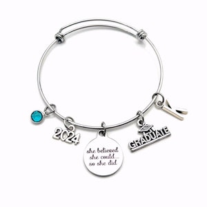 Graduation Bracelet Gift 2024 / She believed she could so she did University Grad Jewelry / College Graduate Student Present / Silver Bangle