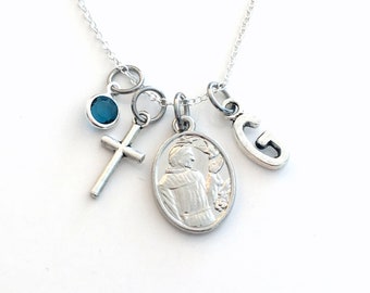 St. Francis Necklace, Patron Saint of Animals Jewelry Gift,  Cross Pendant, Religious Present, Birthstone Initial letter, silver Medallion