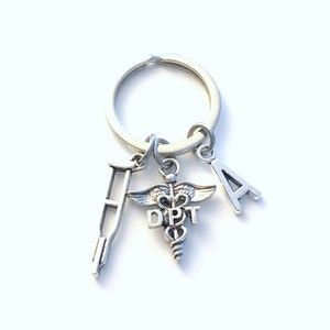 DPT Gift, DPT Keychain, Doctor of Physical Therapy Caduceus Key chain, Therapist Keyring, Initial letter her him men women crutches crutch