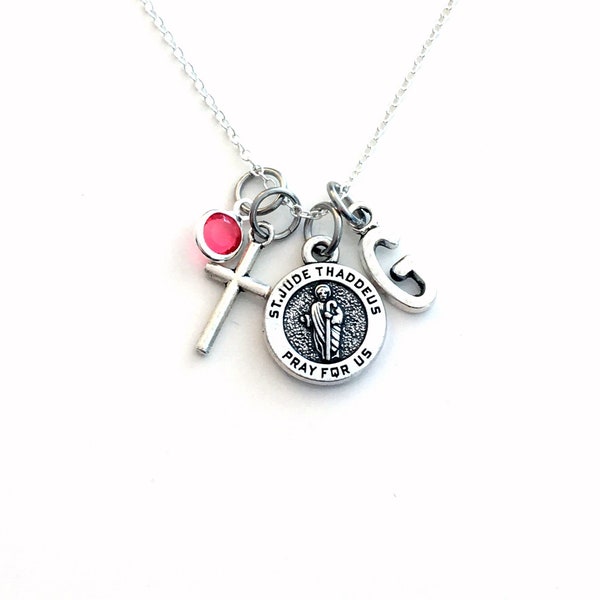 St. Jude Necklace, Saint Judas Thaddeus Jewelry, For Get Well Gift, Charm Cross Pendant, Religious symbol Birthstone Initial letter girl her