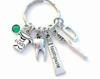 Gift for Dental Assistant Keychain, Dentist Hygienist Keyring, Silver Floss Key Chain, Tooth Brush Toothpaste Jewelry, Orthodontist DDH RDH