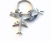 Gift for New Pilot License, 2019 Airplane Keychain, Air Plane Keyring, Present Flight Instructor Key Chain Initial Letter amateur Wings