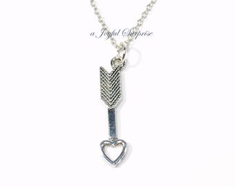 Gift for Valentine's Day Present, Arrow Minimalist Necklace, Geometric Style, Heart Charm Jewelry, Silver Jewelry Pendant Simple Men Women