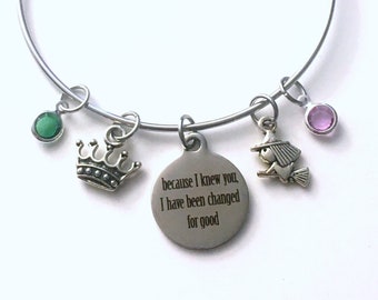 Because I knew you, I have been changed for good Jewelry, SS Gift for Best Friend Charm Bracelet, Musical Wicked Bangle witch tiara crown