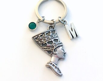 Nefertiti Keychain / with initial birthstone / Greek Goddess Bust Keyring / Gift for Girlfriend Keyring / Silver Egyptian Key Chain for Her