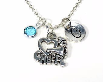Gift for Cheerleader, I love to cheer Necklace, Silver Cheerleading Jewelry Charm Pendant Christmas Present Birthday birthstone Initial