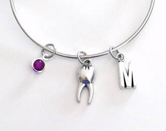 Tooth Bracelet, Gift for Dental Student, Dentist Oral Hygienist Jewelry Charm Bangle Registered Teeth Student Silver Birthstone Initial girl