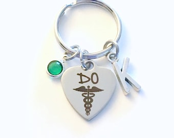 Gift for Osteopath keychain, Doctor of osteopathic medicine Key Chain, keyring Initial Birthstone present women her him men caduceus Dr DO