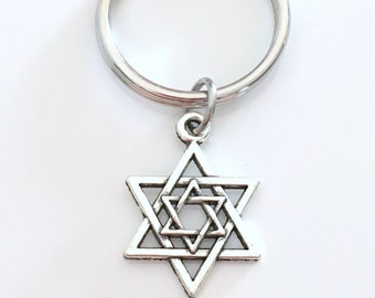 Star of David Key Chain, Jewish Shield Magen David Keychain, Religious Judaism Keyring Jewelry charm birthday present Hanukkah Gift under 10