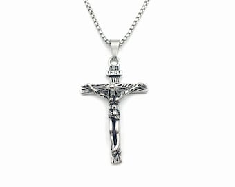 Cross Necklace for Man / 3mm Stainless Steel Curb Chain / Crucifix Jewelry / Religious Gift Men Dad Boyfriend Husband Christmas Present