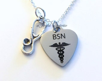 BSN Jewelry, BSN Nurse Necklace, Gift for BSN Nursing Student Silver Stethoscope Charm Man Men Women Woman Male birthday Christmas present