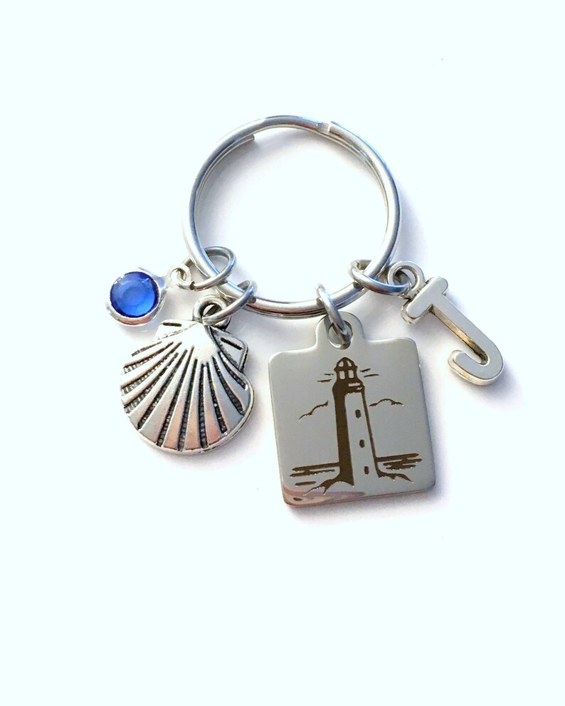 Sea Shell Key Chain Silver Vacation Beach Keyring Gift charm Initial Birthstone present Beach house cottage Jewelry Lighthouse KeyChain