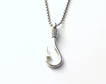 Fish Hook Necklace, Teen Boy Gift, 18&quot; Men&#39;s Jewelry, Gift for Son Teenage Boy Present, silver Fishing Fathers Day Teenager men him man her