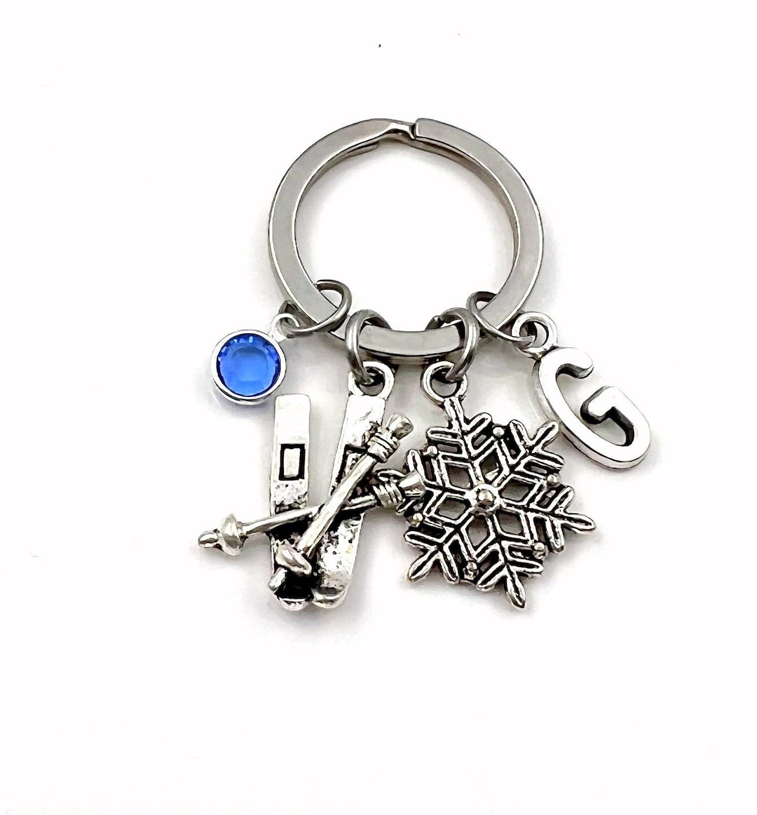 Skiing Keychain, Snowflake Keyring, Skier Key Chain, Ski Pole Downhill