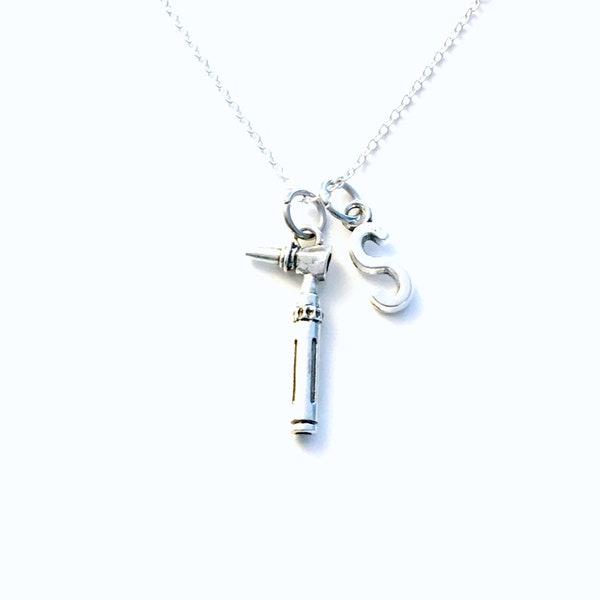 Audiology Gift for Audiologist Necklace, Otolaryngologist ENT Otoscope Jewelry, Ear Scope letter Initial doctor Tool Nose throat Dad dr