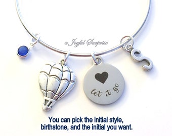 Let It Go Bracelet, Encouragement Bangle, Balloon Charm Best Friend Gift BFF Jewelry Personalized Silver adjustable initial birthstone