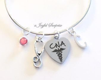 CNA Bracelet, Certified Nursing Assistance, Gift for Nurse Student Graduation Silver Charm Bangle custom personalized initial letter jewelry