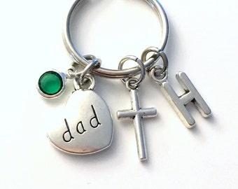 Gift for Dad Keychain, Father Key Chain, Family Key ring, Cross Religious Initial Birthstone Present Jewelry Women Man Religion Faith Mom